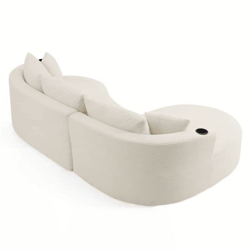 Sofá modular de 3 lugares - Chaise longue à esquerda + sofá de 2 lugares, design curvo, tecido de veludo cotelê macio, com porta-copos e almofadas, embalado a vácuo - Bege