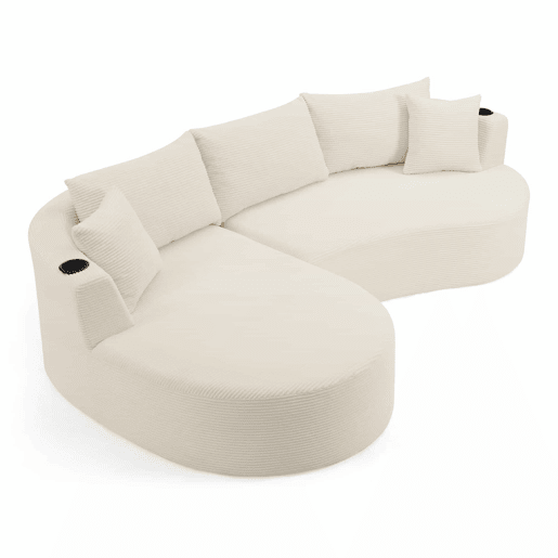 Sofá modular de 3 lugares - Chaise longue à esquerda + sofá de 2 lugares, design curvo, tecido de veludo cotelê macio, com porta-copos e almofadas, embalado a vácuo - Bege