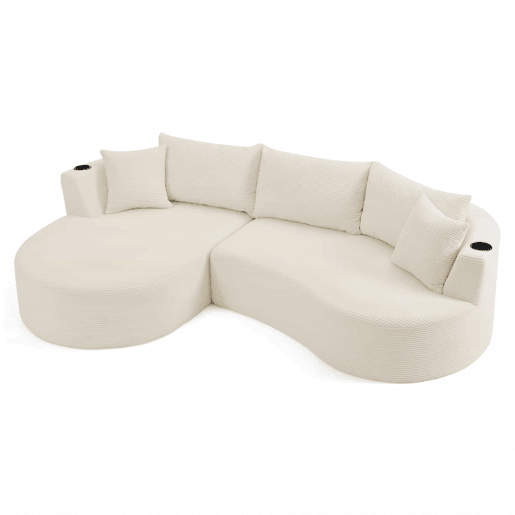 Sofá modular de 3 lugares - Chaise longue à esquerda + sofá de 2 lugares, design curvo, tecido de veludo cotelê macio, com porta-copos e almofadas, embalado a vácuo - Bege