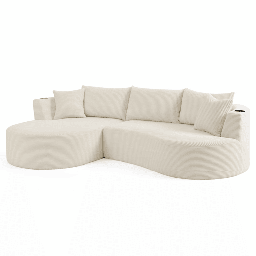 Sofá modular de 3 lugares - Chaise longue à esquerda + sofá de 2 lugares, design curvo, tecido de veludo cotelê macio, com porta-copos e almofadas, embalado a vácuo - Bege