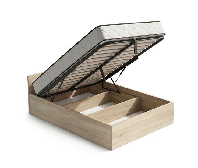 Cama con canapé abatible 120x200 cm somier elevable de metal y colchón de muelles roble sonoma