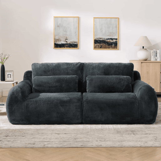 Sofá de dois lugares - tecido felpudo sintético estilo coelho, macio e de alta resiliência, porta de carregamento USB, bolso lateral para revistas, ideal para salas pequenas, apartamentos, escritórios e quartos - Cinza