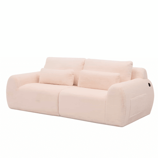 Sofá de 2 lugares - tecido felpudo sintético estilo coelho, macio e de alta resiliência, porta de carregamento USB, bolso lateral para revistas - Rosa