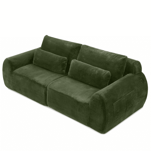 Sofá de dois lugares - pele sintética estilo coelho, alta resiliência, porta de carregamento USB, bolso lateral para revistas - Verde