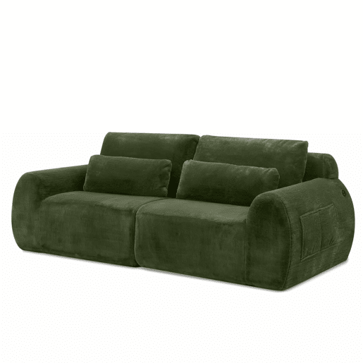 Sofá de dois lugares - pele sintética estilo coelho, alta resiliência, porta de carregamento USB, bolso lateral para revistas - Verde