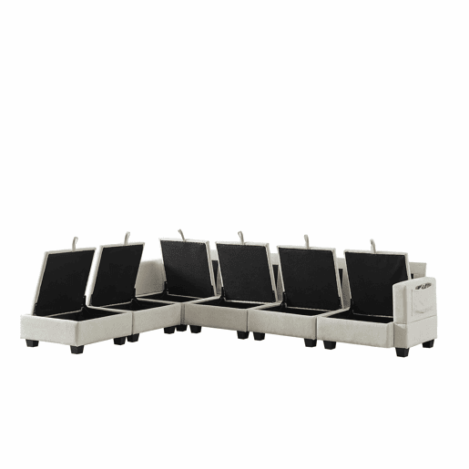 Sofá de canto modular em chenille com 4 lugares - em forma de U com chaise longue e otomana com arrumação - bege Sofá de canto modular em chenille com 4 lugares - em forma de U com chaise longue e otomana com arrumação - bege