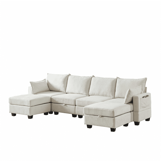 Sofá de canto modular em chenille com 4 lugares - em forma de U com chaise longue e otomana com arrumação - bege Sofá de canto modular em chenille com 4 lugares - em forma de U com chaise longue e otomana com arrumação - bege