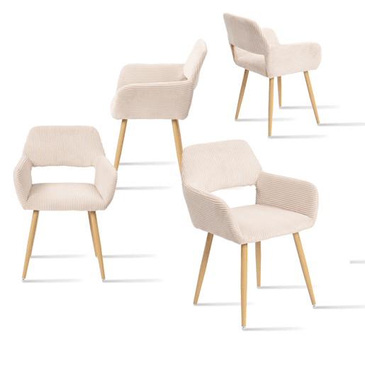 Conjunto de 4 Cadeiras de Jantar Ergonómicas com Apoio de Braços Cadeira de Sala Estofada em Veludo Cotelê Cadeira de Escritório Moderna com Pernas Efeito Madeira Bege