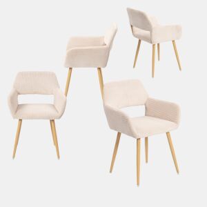 Conjunto de 4 Cadeiras de Jantar Ergonómicas com Apoio de Braços Cadeira de Sala Estofada em Veludo Cotelê Cadeira de Escritório Moderna com Pernas Efeito Madeira Bege