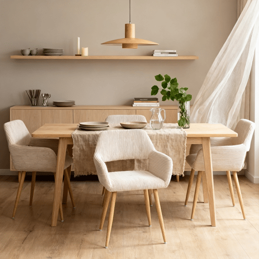 Conjunto de 4 Cadeiras de Jantar Ergonómicas com Apoio de Braços Cadeira de Sala Estofada em Veludo Cotelê Cadeira de Escritório Moderna com Pernas Efeito Madeira Bege