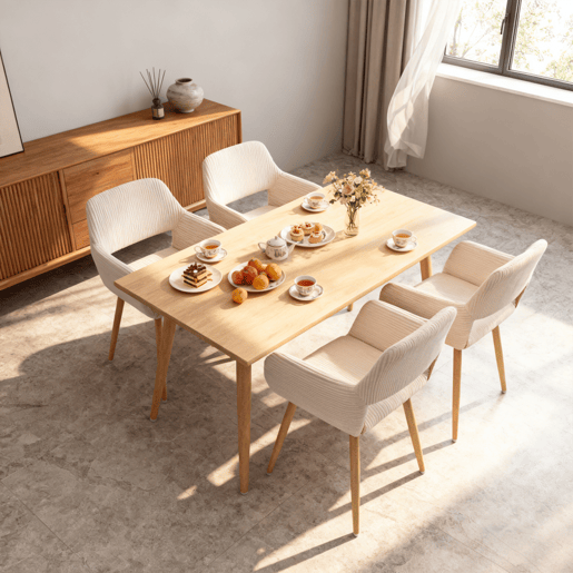 Conjunto de 4 Cadeiras de Jantar Ergonómicas com Apoio de Braços Cadeira de Sala Estofada em Veludo Cotelê Cadeira de Escritório Moderna com Pernas Efeito Madeira Bege