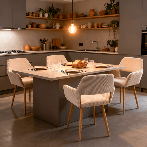 Conjunto de 4 Cadeiras de Jantar Ergonómicas com Apoio de Braços Cadeira de Sala Estofada em Veludo Cotelê Cadeira de Escritório Moderna com Pernas Efeito Madeira Bege