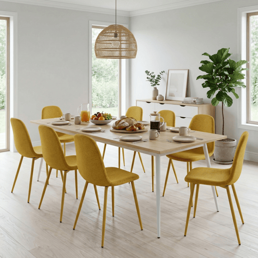 MEUBLES COSY Conjunto de 8 Cadeiras de Jantar em Linho, Pés Metálicos com Revestimento em Pó, Estilo Escandinavo, Sem Apoios de Braços, Mostaza