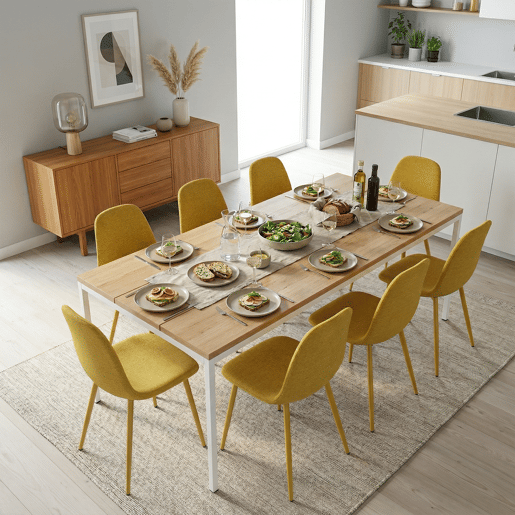 MEUBLES COSY Conjunto de 8 Cadeiras de Jantar em Linho, Pés Metálicos com Revestimento em Pó, Estilo Escandinavo, Sem Apoios de Braços, Mostaza