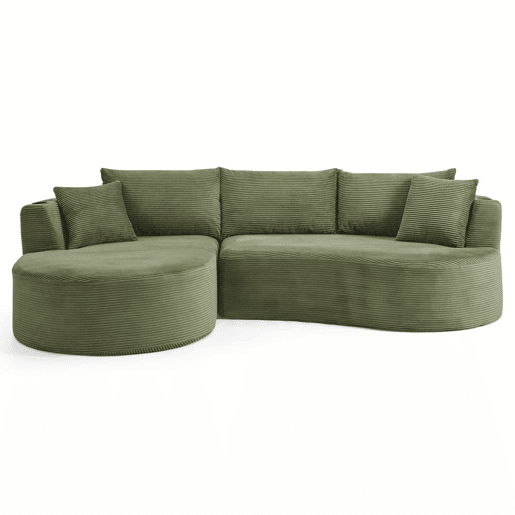 Sofá de 3 lugares com sistema de compressão - Chaise longue à esquerda + 2 lugares, design curvo, tecido de veludo cotelê macio, porta-copos e almofadas, embalado a vácuo - Verde