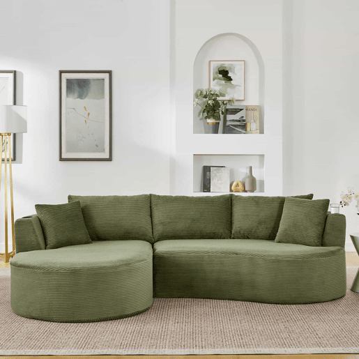 Sofá de 3 lugares com sistema de compressão - Chaise longue à esquerda + 2 lugares, design curvo, tecido de veludo cotelê macio, porta-copos e almofadas, embalado a vácuo - Verde
