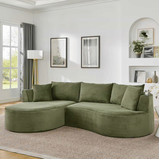 Sofá de 3 lugares com sistema de compressão - Chaise longue à esquerda + 2 lugares, design curvo, tecido de veludo cotelê macio, porta-copos e almofadas, embalado a vácuo - Verde