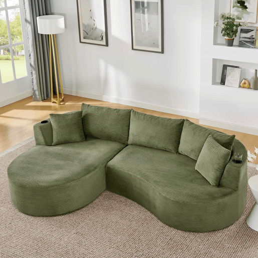 Sofá de 3 lugares com sistema de compressão - Chaise longue à esquerda + 2 lugares, design curvo, tecido de veludo cotelê macio, porta-copos e almofadas, embalado a vácuo - Verde