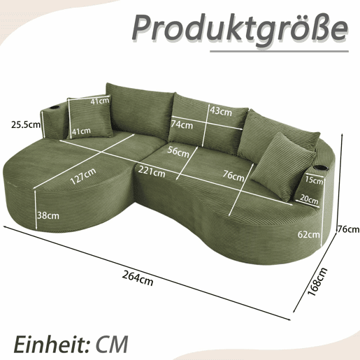 Sofá de 3 lugares com sistema de compressão - Chaise longue à esquerda + 2 lugares, design curvo, tecido de veludo cotelê macio, porta-copos e almofadas, embalado a vácuo - Verde