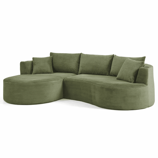 Sofá de 3 lugares com sistema de compressão - Chaise longue à esquerda + 2 lugares, design curvo, tecido de veludo cotelê macio, porta-copos e almofadas, embalado a vácuo - Verde