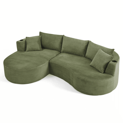 Sofá de 3 lugares com sistema de compressão - Chaise longue à esquerda + 2 lugares, design curvo, tecido de veludo cotelê macio, porta-copos e almofadas, embalado a vácuo - Verde