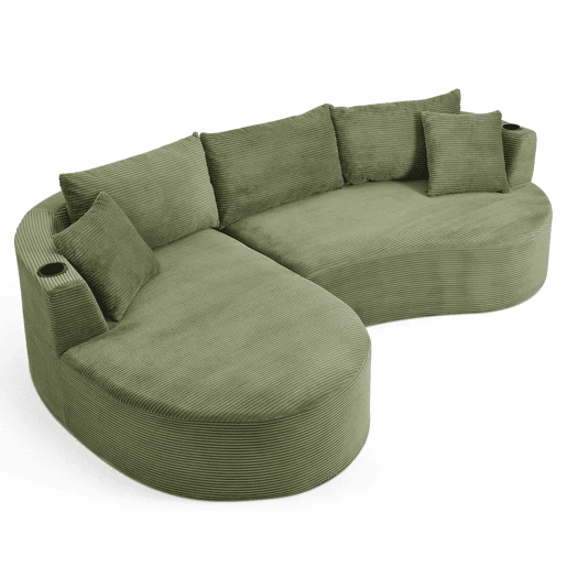 Sofá de 3 lugares com sistema de compressão - Chaise longue à esquerda + 2 lugares, design curvo, tecido de veludo cotelê macio, porta-copos e almofadas, embalado a vácuo - Verde