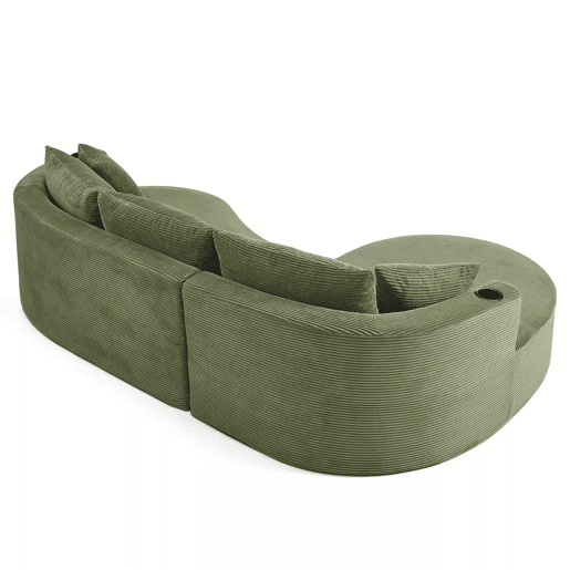 Sofá de 3 lugares com sistema de compressão - Chaise longue à esquerda + 2 lugares, design curvo, tecido de veludo cotelê macio, porta-copos e almofadas, embalado a vácuo - Verde
