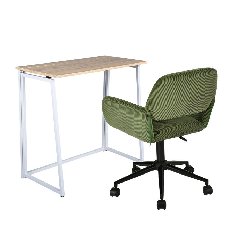 Conjunto Escritorio Plegable MDF y Silla Giratoria 360° en Pana 80x61 Verde