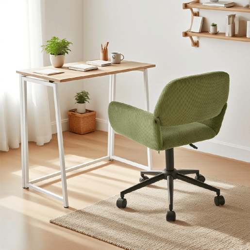 MEUBLES COSY Conjunto Secretária Dobrável MDF Carvalho e Cadeira Giratória 360° em Pana, Altura Regulável, Verde