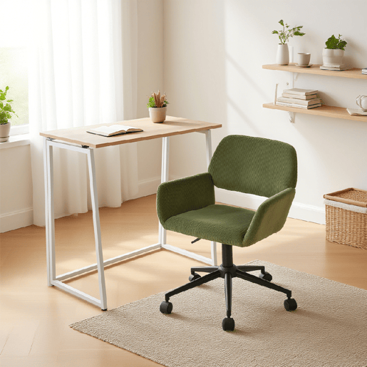 MEUBLES COSY Conjunto Secretária Dobrável MDF Carvalho e Cadeira Giratória 360° em Pana, Altura Regulável, Verde