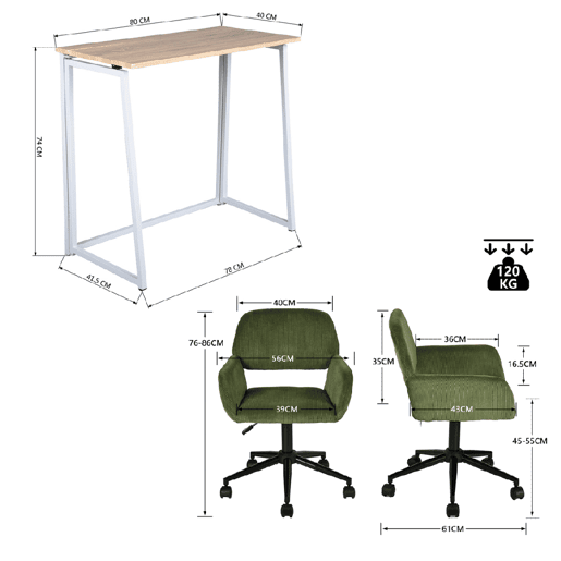 MEUBLES COSY Conjunto Secretária Dobrável MDF Carvalho e Cadeira Giratória 360° em Pana, Altura Regulável, Verde