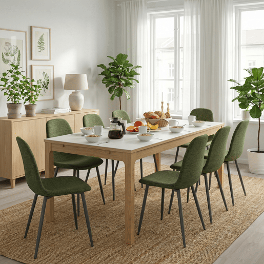 MEUBLES COSY Conjunto de 8 Cadeiras de Jantar em Linho, Pés Metálicos com Revestimento em Pó, Estilo Escandinavo, Sem Apoios de Braços, Verde Oscuro