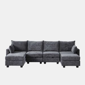 Sofá de canto modular em chenille com 4 lugares - em forma de U com otomana com arrumação e chaise longue - cinzento