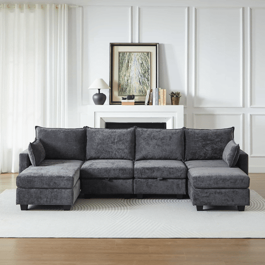 Sofá de canto modular em chenille com 4 lugares - em forma de U com otomana com arrumação e chaise longue - cinzento