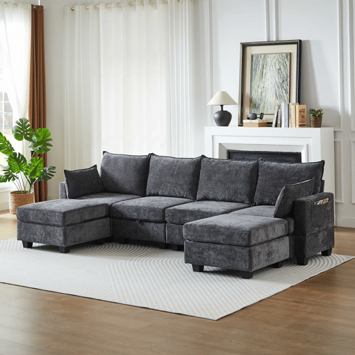 Sofá de canto modular em chenille com 4 lugares - em forma de U com otomana com arrumação e chaise longue - cinzento