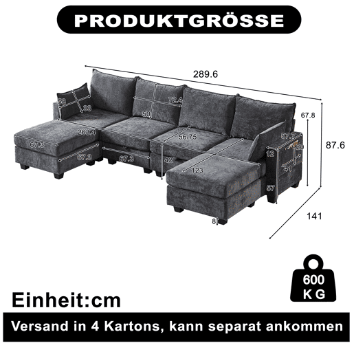 Sofá de canto modular em chenille com 4 lugares - em forma de U com otomana com arrumação e chaise longue - cinzento