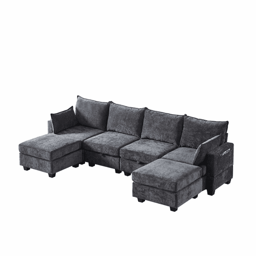 Sofá de canto modular em chenille com 4 lugares - em forma de U com otomana com arrumação e chaise longue - cinzento