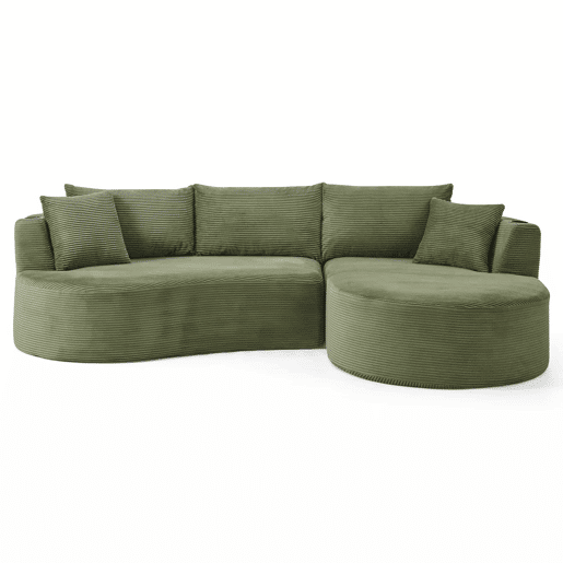 Sofá de 3 lugares com sistema de compressão - chaise longue à direita + 2 lugares, design curvo, tecido de veludo cotelê macio, porta-copos e almofadas, embalado a vácuo - verde Sofá de 3 lugares com sistema de compressão - chaise longue à direita + 2 lugares, design curvo, tecido de veludo cotelê macio, porta-copos e almofadas, embalado a vácuo - verde