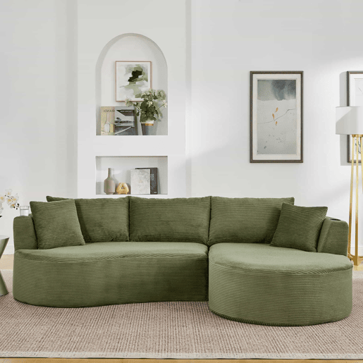Sofá de 3 lugares com sistema de compressão - chaise longue à direita + 2 lugares, design curvo, tecido de veludo cotelê macio, porta-copos e almofadas, embalado a vácuo - verde Sofá de 3 lugares com sistema de compressão - chaise longue à direita + 2 lugares, design curvo, tecido de veludo cotelê macio, porta-copos e almofadas, embalado a vácuo - verde