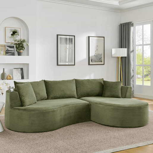 Sofá de 3 lugares com sistema de compressão - chaise longue à direita + 2 lugares, design curvo, tecido de veludo cotelê macio, porta-copos e almofadas, embalado a vácuo - verde Sofá de 3 lugares com sistema de compressão - chaise longue à direita + 2 lugares, design curvo, tecido de veludo cotelê macio, porta-copos e almofadas, embalado a vácuo - verde