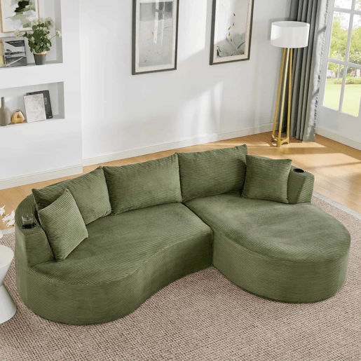 Sofá de 3 lugares com sistema de compressão - chaise longue à direita + 2 lugares, design curvo, tecido de veludo cotelê macio, porta-copos e almofadas, embalado a vácuo - verde Sofá de 3 lugares com sistema de compressão - chaise longue à direita + 2 lugares, design curvo, tecido de veludo cotelê macio, porta-copos e almofadas, embalado a vácuo - verde