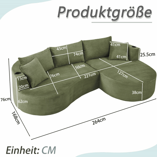 Sofá de 3 lugares com sistema de compressão - chaise longue à direita + 2 lugares, design curvo, tecido de veludo cotelê macio, porta-copos e almofadas, embalado a vácuo - verde Sofá de 3 lugares com sistema de compressão - chaise longue à direita + 2 lugares, design curvo, tecido de veludo cotelê macio, porta-copos e almofadas, embalado a vácuo - verde