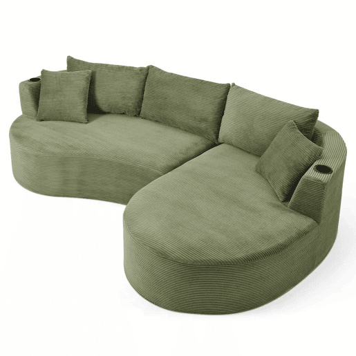 Sofá de 3 lugares com sistema de compressão - chaise longue à direita + 2 lugares, design curvo, tecido de veludo cotelê macio, porta-copos e almofadas, embalado a vácuo - verde Sofá de 3 lugares com sistema de compressão - chaise longue à direita + 2 lugares, design curvo, tecido de veludo cotelê macio, porta-copos e almofadas, embalado a vácuo - verde