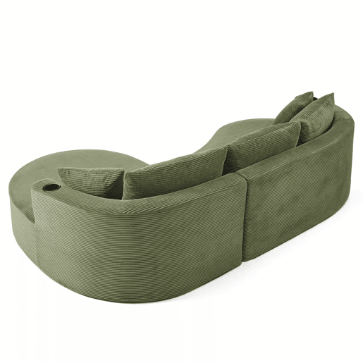 Sofá de 3 lugares com sistema de compressão - chaise longue à direita + 2 lugares, design curvo, tecido de veludo cotelê macio, porta-copos e almofadas, embalado a vácuo - verde Sofá de 3 lugares com sistema de compressão - chaise longue à direita + 2 lugares, design curvo, tecido de veludo cotelê macio, porta-copos e almofadas, embalado a vácuo - verde