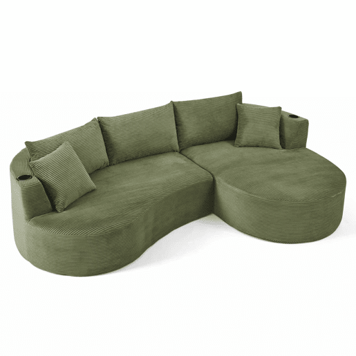 Sofá de 3 lugares com sistema de compressão - chaise longue à direita + 2 lugares, design curvo, tecido de veludo cotelê macio, porta-copos e almofadas, embalado a vácuo - verde Sofá de 3 lugares com sistema de compressão - chaise longue à direita + 2 lugares, design curvo, tecido de veludo cotelê macio, porta-copos e almofadas, embalado a vácuo - verde
