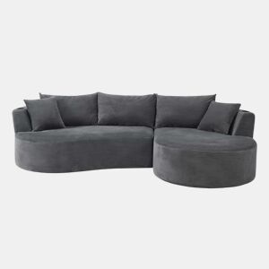 Sofá de 3 lugares com chaise longue à direita + sofá de 2 lugares - design em forma de arco, tecido de veludo cotelê macio, com porta-copos e almofadas, embalado a vácuo, para sala de estar, hotel, apartamento e escritório - cinzento