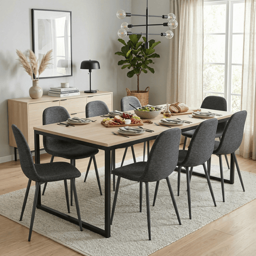 MEUBLES COSY Conjunto de 8 Cadeiras de Jantar em Linho, Pés Metálicos com Revestimento em Pó, Estilo Escandinavo, Sem Apoios de Braços, Gris Medio
