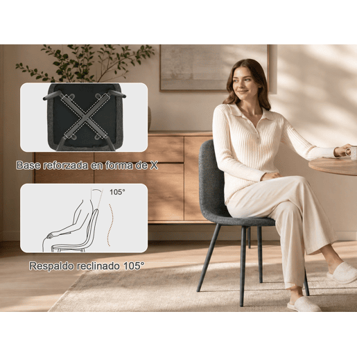 MEUBLES COSY Conjunto de 8 Cadeiras de Jantar em Linho, Pés Metálicos com Revestimento em Pó, Estilo Escandinavo, Sem Apoios de Braços, Gris Medio