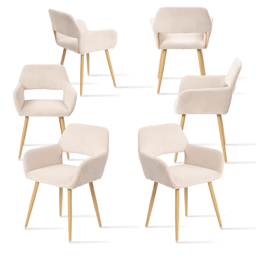 Conjunto de 6 Cadeiras de Jantar Ergonómicas com Apoio de Braços Cadeira de Sala Estofada em Veludo Cotelê Cadeira de Escritório Moderna com Pernas Efeito Madeira Bege