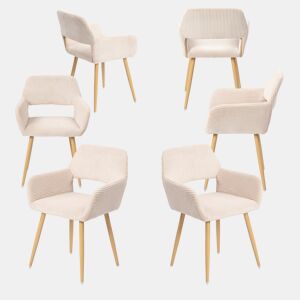 Conjunto de 6 Cadeiras de Jantar Ergonómicas com Apoio de Braços Cadeira de Sala Estofada em Veludo Cotelê Cadeira de Escritório Moderna com Pernas Efeito Madeira Bege